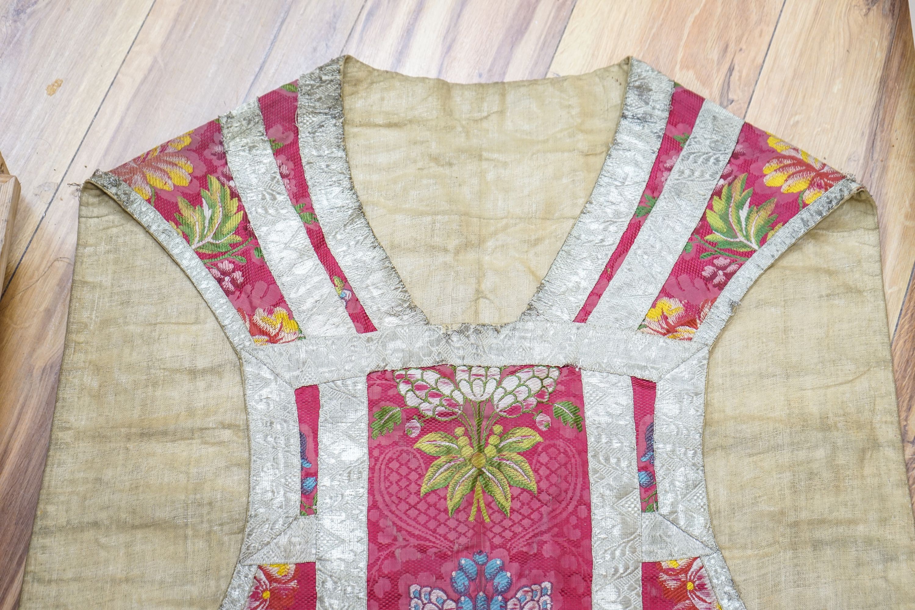 A woven silk ecclesiastical cope vestment and a pink silk shawl (2)